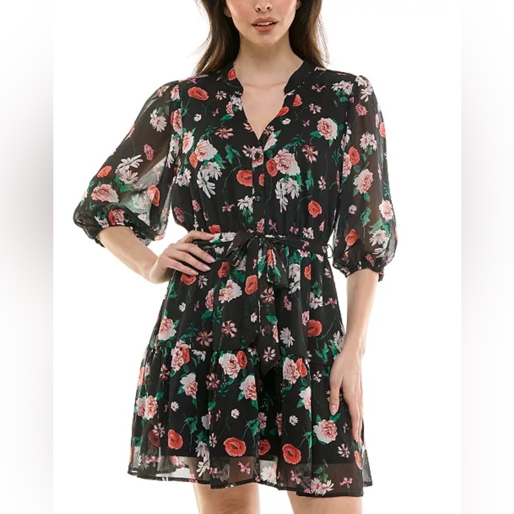 Trixxi Women’s Floral Print Blouson-Sleeve Fit & Flare Black Dress